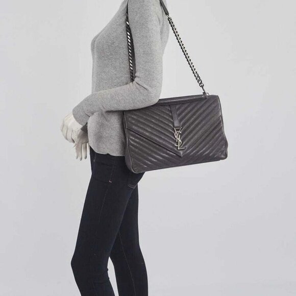 Yves Saint Laurent Grey Chevron Quilted Leather Monogram Large College Bag - Picture 5 of 10